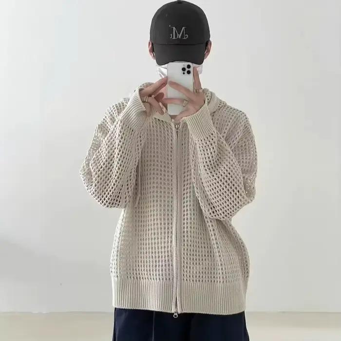 Cardigan tricoté unisexe tendance à capuche ajouré pour homme