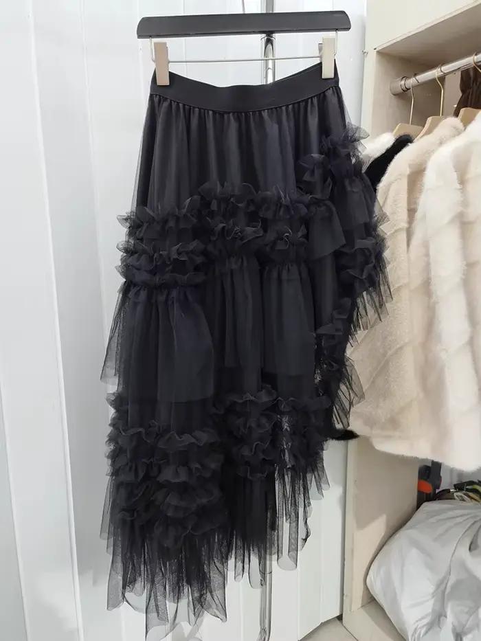 [EAM] Jupe mi-longue trapèze noire en maille à taille haute élastique et volants irréguliers