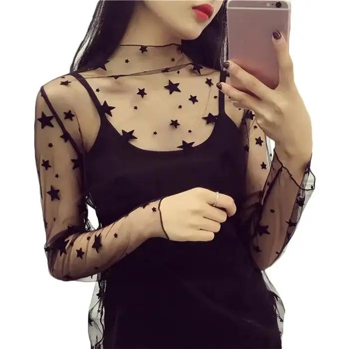 Transparent dentelle T-shirt maille résille à manches longues maille dames hauts Blouses pure noir Transparent T-shirt femmes filles