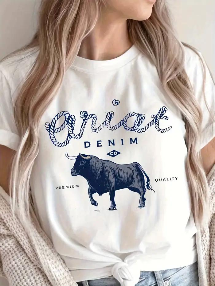 T-shirt à col rond imprimé taureau et lettre