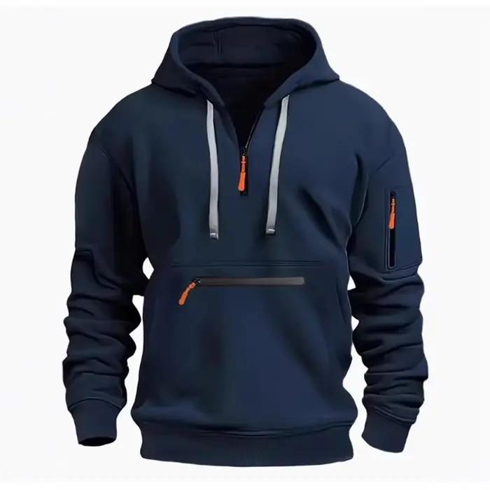 Sweat-shirt à capuche demi-zip homme décontracté avec design multi-poches pour automne et hiver occasiонаs sportives et plein air