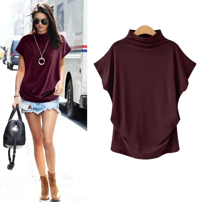 6XL femmes été T-Shirt manches courtes chauve-souris ample solide gris col roulé