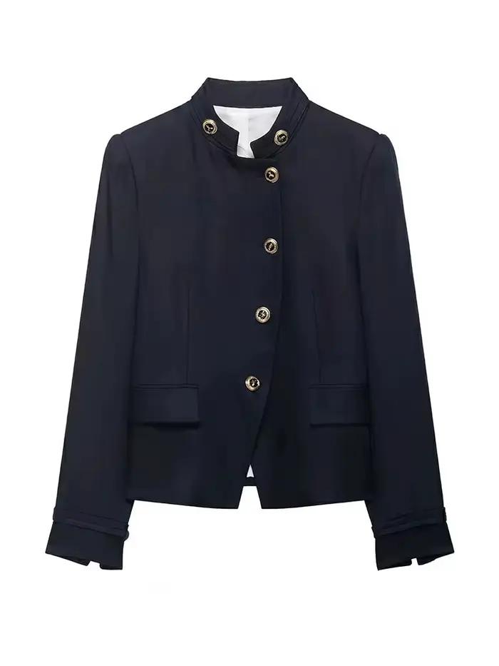HH Veste Minimaliste Femme Bleu Marine Coupe Slim avec Boutons et Poches – Blazer Chic Décontracté pour le Bureau et la Ville