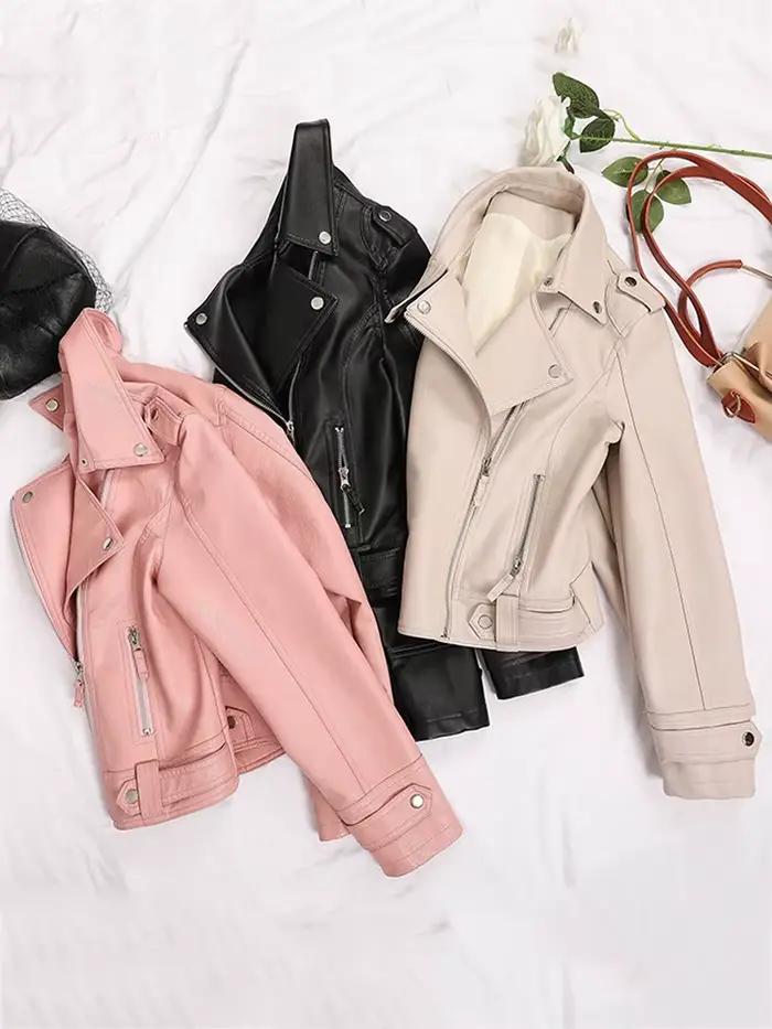 Sungtin femmes veste en simili cuir Beige décontracté mince moto Biker manteau