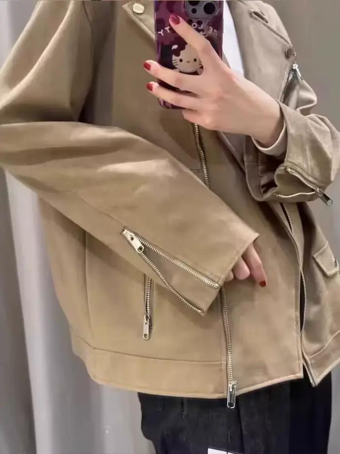 HH femmes automne hiver mode daim Texture effet moto revers veste femme haute rue décontracté
