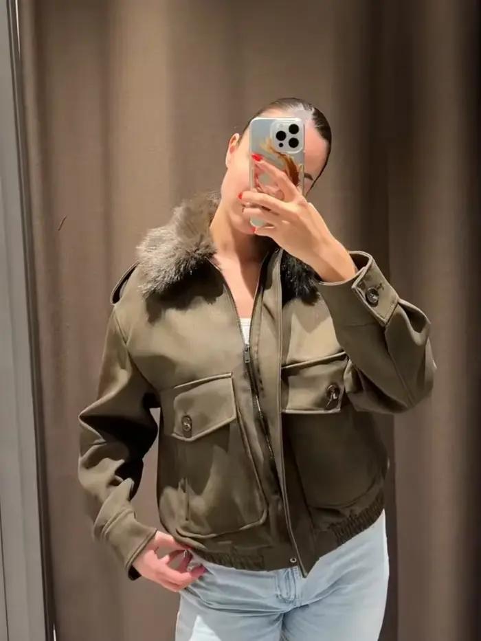 Veste courte Vintage à col en fausse fourrure pour femme