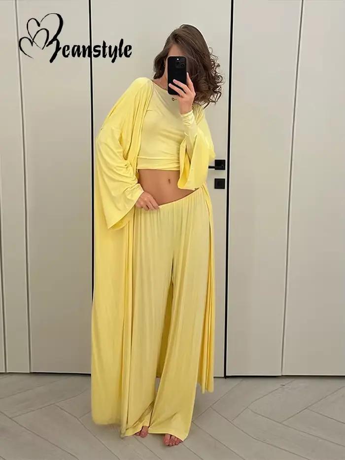 Ensemble décontracté jaune 3 pièces pour femme 2026 : Manteau long col en V