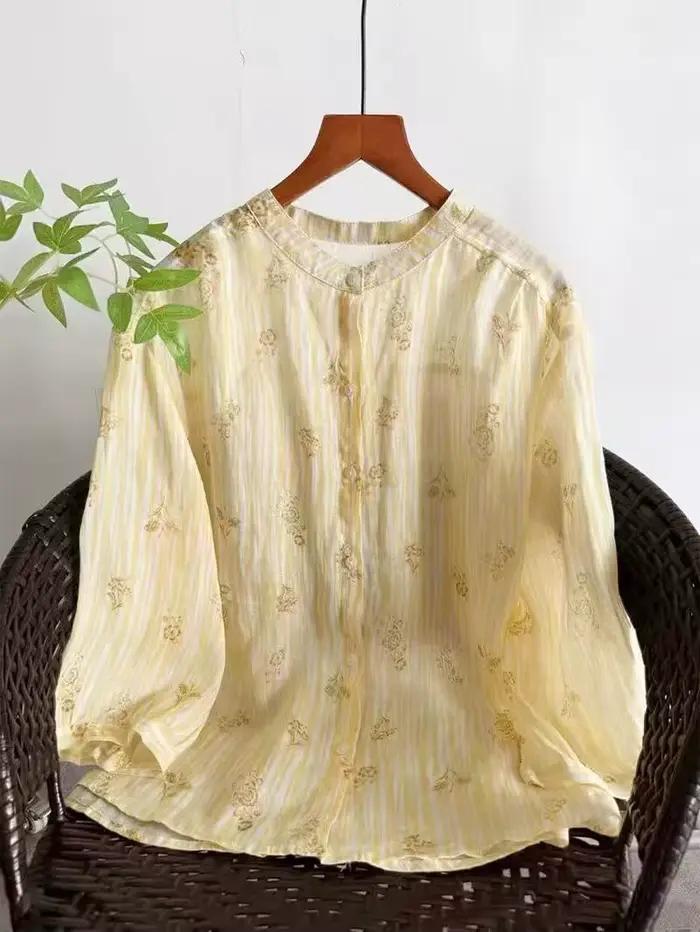 Chemise en ramie 100% pour femmes âgées, design à la japonaise, coupe régulière, tissu lin respirant, fermeture boutonnière, idéal pour toutes les saisons et occasions décontractées