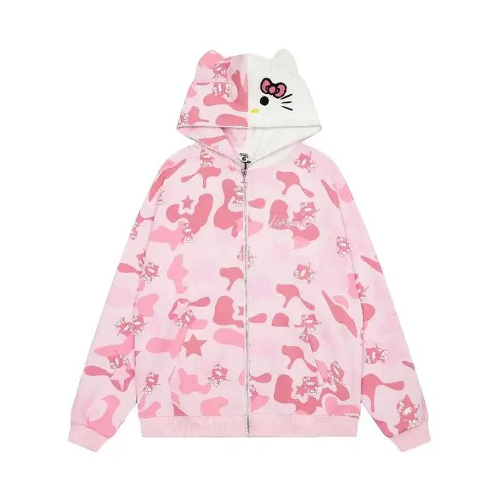 Sweat à capuche Hello Kitty, nouveau cardigan kawaii pour fille, style Y2K, veste camouflage anime, cadeau de Noël