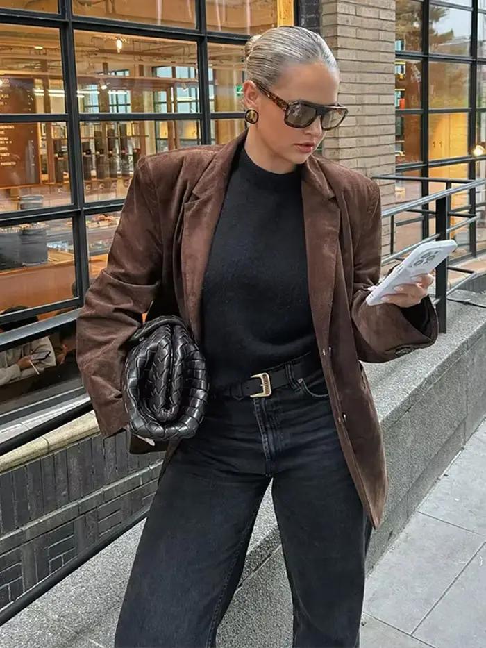Veste Blazer en daim marron pour femme, col en v, manches longues, simple boutonnage, manteau ample, vêtements d'extérieur pour les déplacements quotidiens, automne 2025