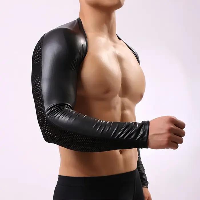 T-shirt à manches longues en similicuir noir uni pour hommes
