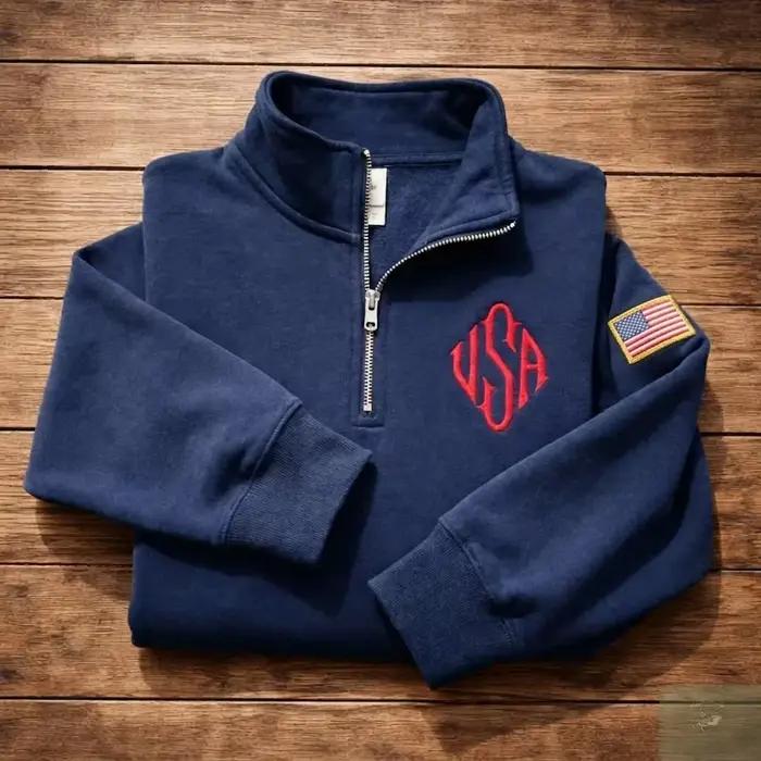 Sweat-shirt à col zippé Y2K personnalisé avec drapeau américain brodé pour homme