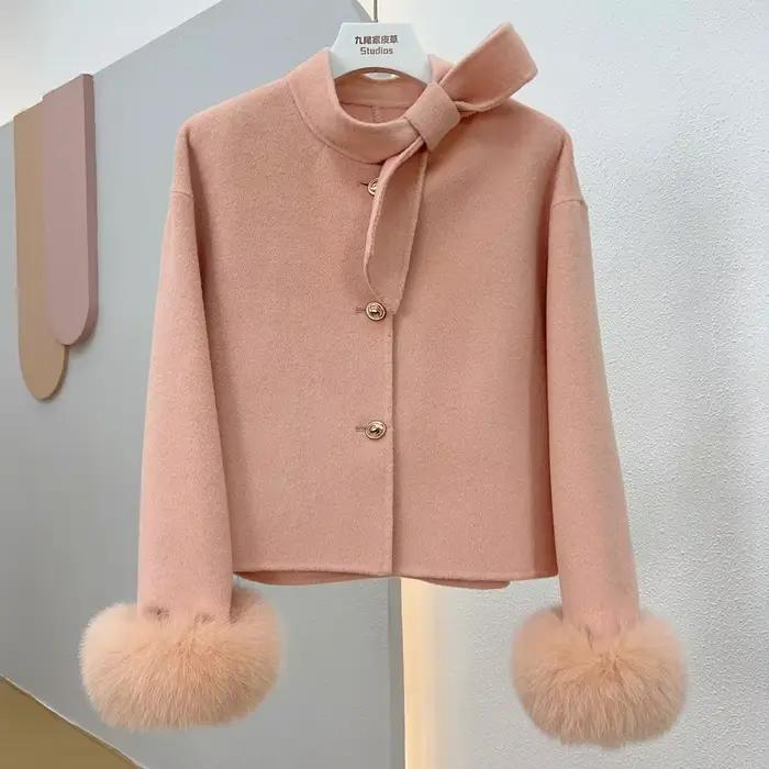 Manteau en laine cachemire pour femme avec manchette en fourrure de renard naturelle, veste de luxe, vêtements d'extérieur pour femme, hiver, nouveau, 2024