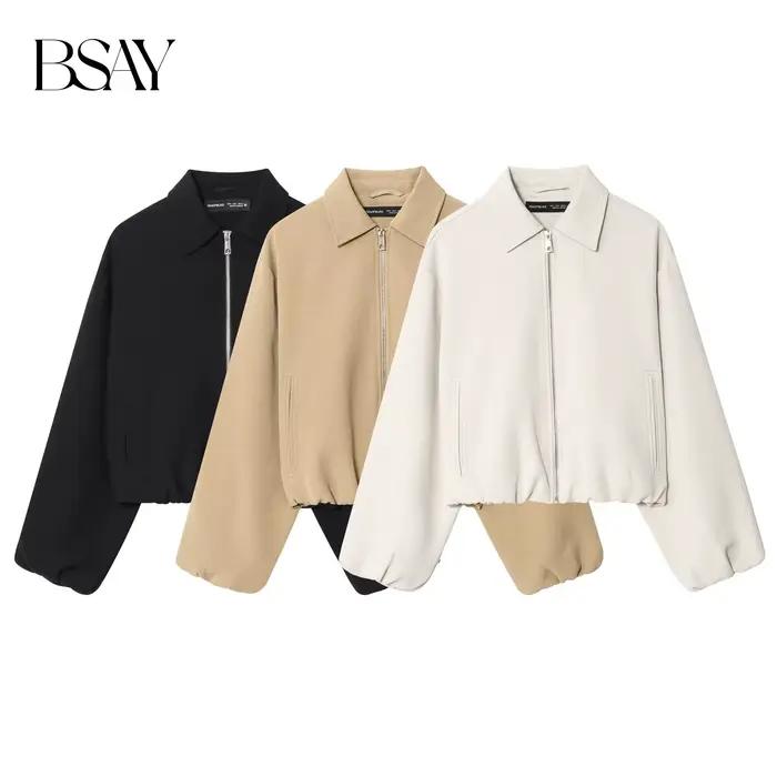 BSAY femmes automne nouveau 2025 couleur unie simple poche taille cintrée à manches longues revers fermeture éclair veste bouffante