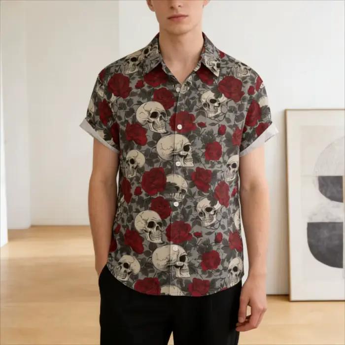 Chemise Hawaïenne Vintage Homme à Manches Courtes Motif Crâne et Rose