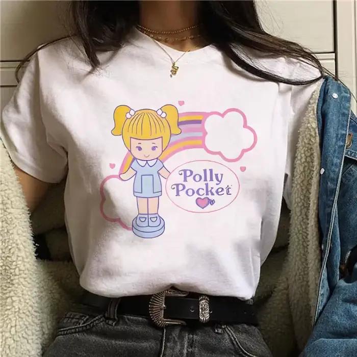 Polly Pocket T-shirt à manches courtes et col rond pour femme, imprimé graphique mignon, design géométrique vibrant