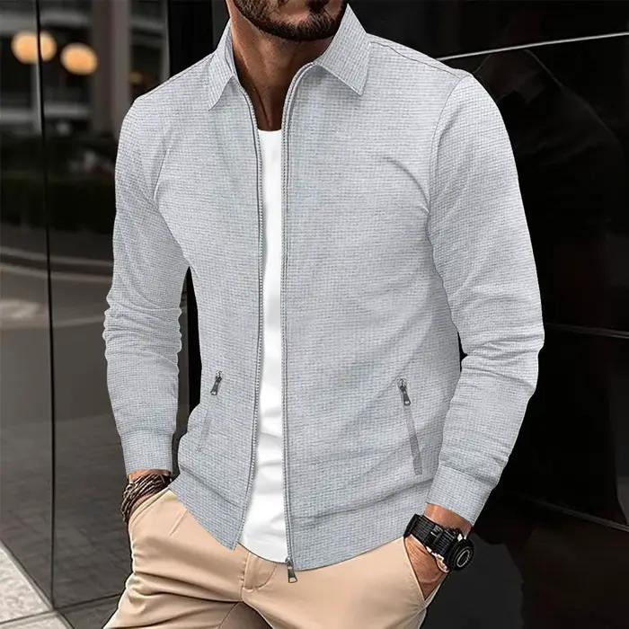 Veste zippée texturée gaufrée pour homme, col rabattu, manches longues décontractées avec poches latérales