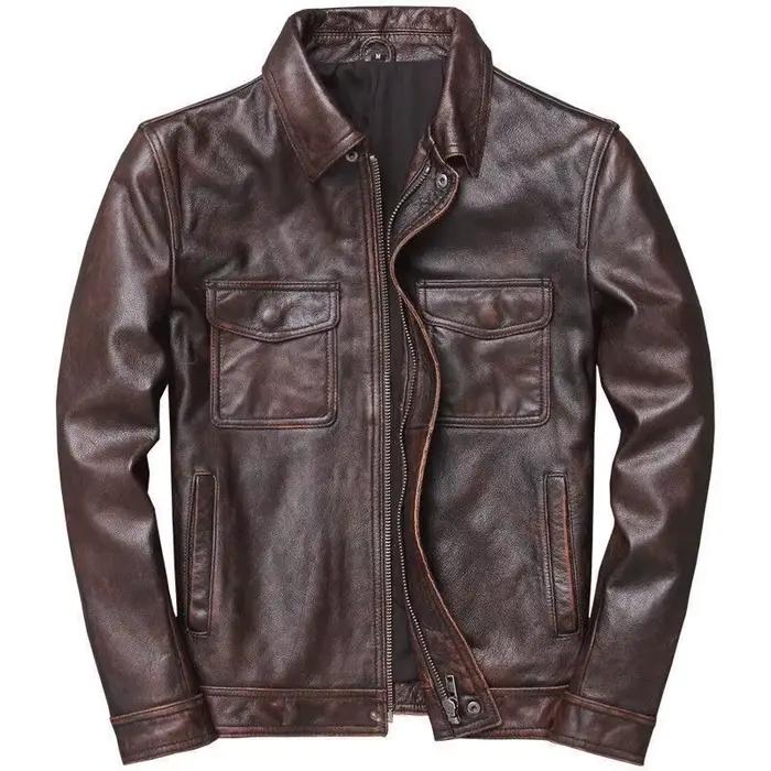 Veste en cuir PU pour homme, style trucker classique, col rabattable, fermeture éclair intégrale, plusieurs poches, veste de motard vintage