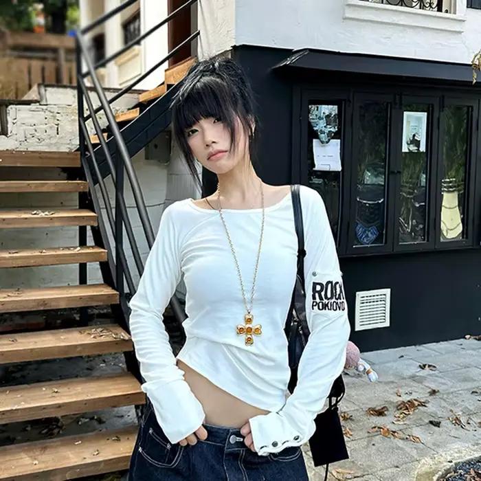 Tonngirls américain rétro imprimé T-shirt femmes à manches longues bouton graphique hauts Y2k