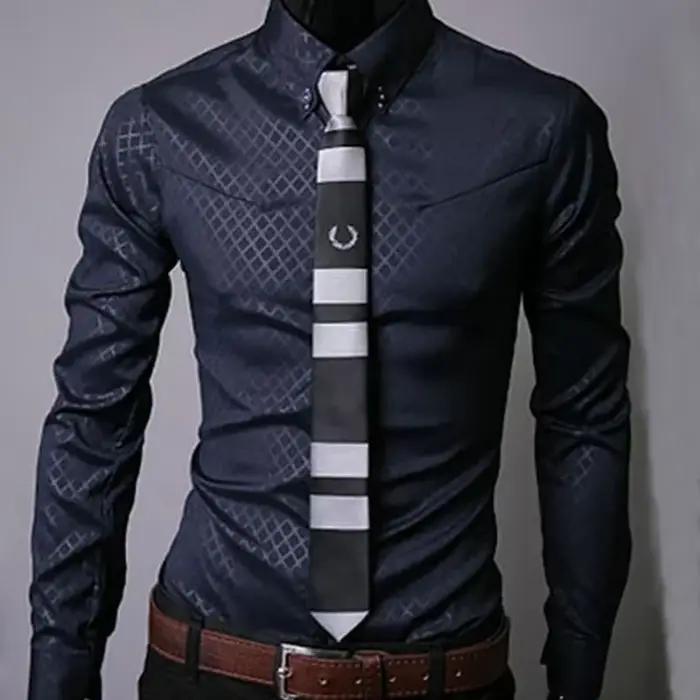 Chemises à carreaux fines pour hommes, couleur unie, chemises de bureau à carreaux, manches longues, Chemise blanche Slim, Chemise sociale, vêtements pour hommes, 2025
