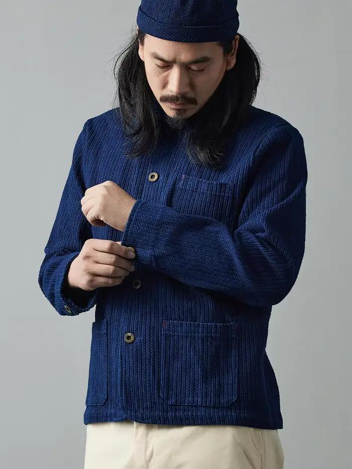Indigo fait à la main plante bleu teint veste décontracté polyvalent français travail veste Sashiko à manches longues veste