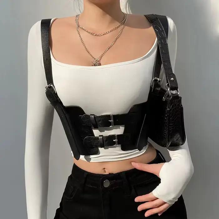 Femmes tendance Punk Corset ceinture décoration Style de rue large ceinture harnais en cuir gothique vêtements accessoire mode Corselet