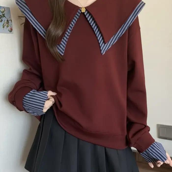 Nouveau Sweat-shirt Col Claudine Style Collège pour Femme Grande Taille