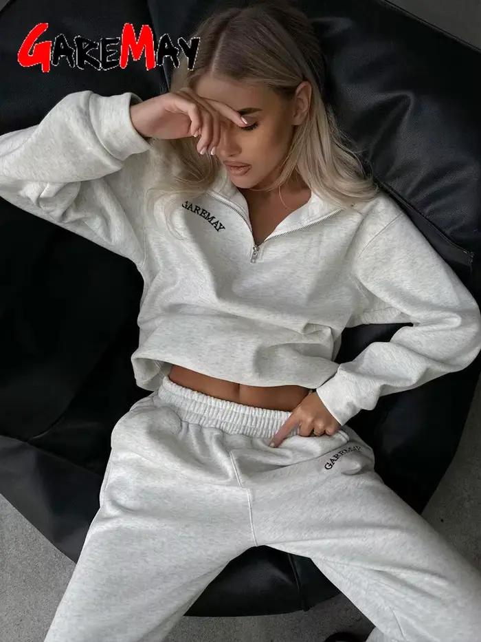 Ensemble de survêtement décontracté deux pièces classique en coton avec fermeture éclair pour femme