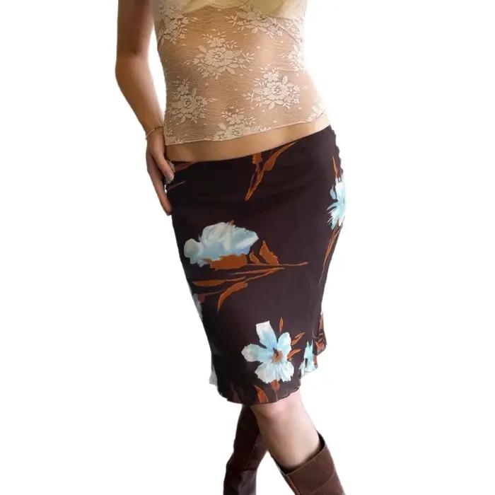 Robe Midi Moulante Double à Imprimé Floral Vintage avec Jupe en Résille Droite
