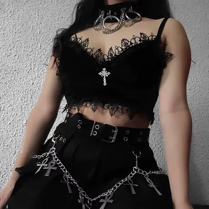 Débardeur en Velours Y2K avec Garniture en Dentelle Noire pour Femme