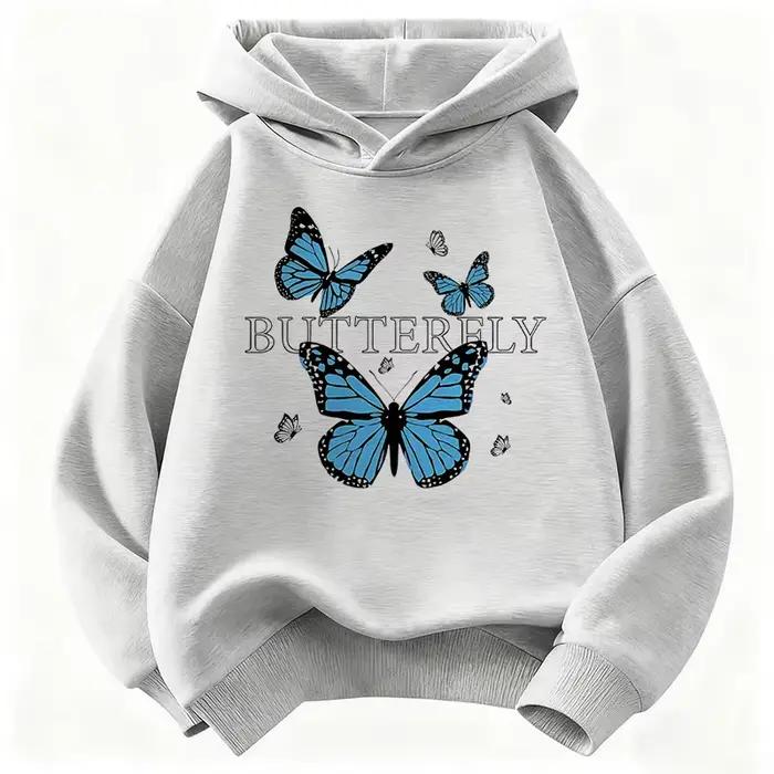 Sweat-shirt pour enfants au design papillon bleu, sweat-shirt mignon pour garçons et filles, sweat-shirt décontracté pour l'automne et le printemps