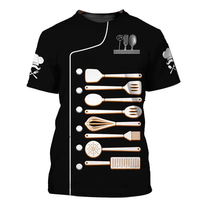 Chemise de chef élégante pour hommes, imprimée, pour hôtel, restaurant, cuisine, décontractée, col rond, manches courtes, t-shirt, vêtements de travail pour le service alimentaire