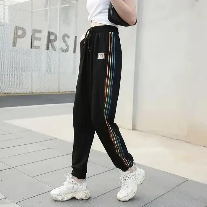 Pantalons de jogging femme, coton polyester élasthanne, taille élastique, poches pratiques, motif rayé, sport fitness, décontracté été