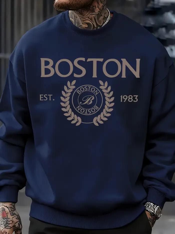 Boston lettre Est.1983 imprimé hommes sweat surdimensionné mode vêtements rue pull décontracté polaire doux automne Streetwear