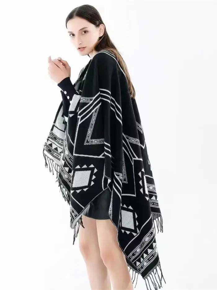 Nouvelle cape poncho pour femme, style indien népalais, à franges géométriques, chaude, idéale pour les salles climatisées, noir kaki