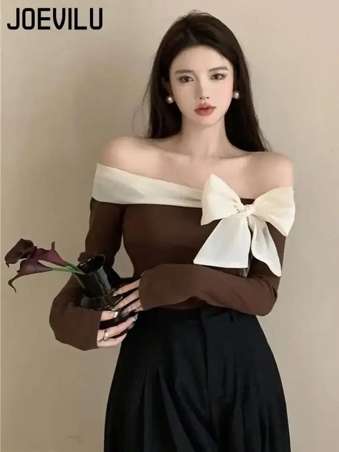 JOEVILU épaules dénudées nœud T-Shirt femmes Sexy clavicule exposée haut court printemps et automne coréen élégant à manches longues chemises inférieures