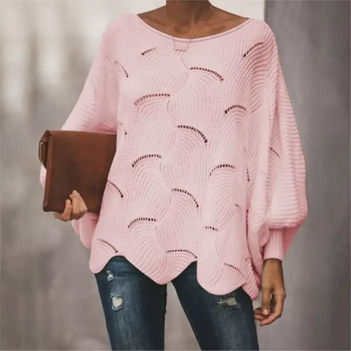 Pull irrégulier à col rond avec manches chauve-souris printemps automne couleur unie