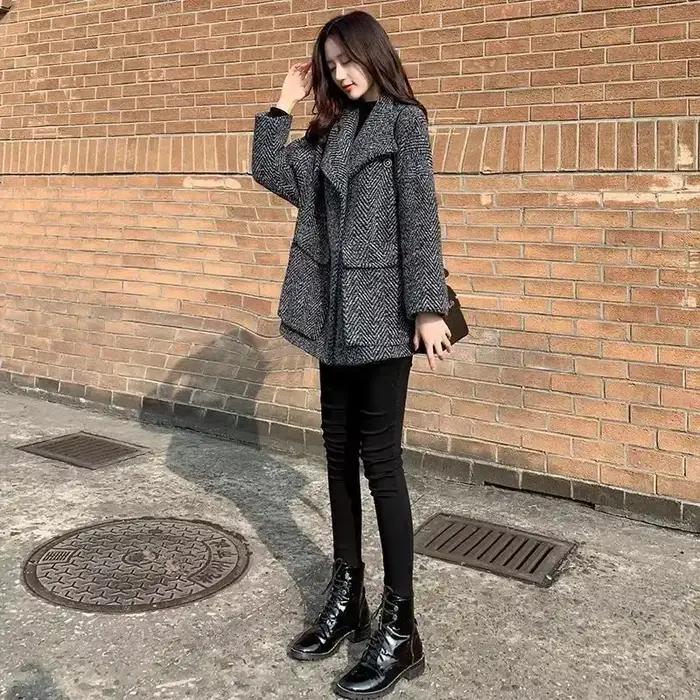 Veste Blazer en Laine et Mélange de Velours pour Femme, Vêtements sur l'Extérieur, Combinaison Longue Chester, Tweed à Carreaux Slim, Carreaux Chauds, Robe Noire