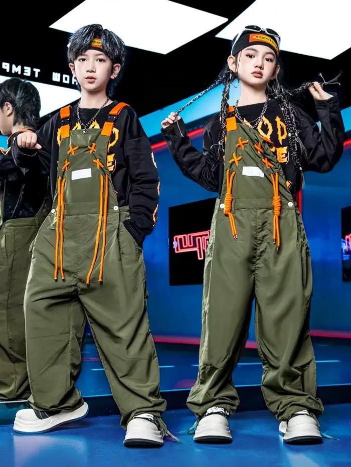Enfant Kpop Hip Hop vêtements lettres noires sweat armée vert rue cravate bavoirs pantalon combinaison pour fille