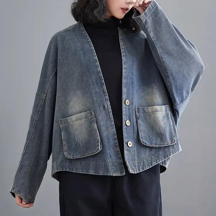 Veste en jean décontractée à manches longues pour femme, col en V, style vintage, nouvelle collection printemps-automne 2026, coupe ample, grandes tailles