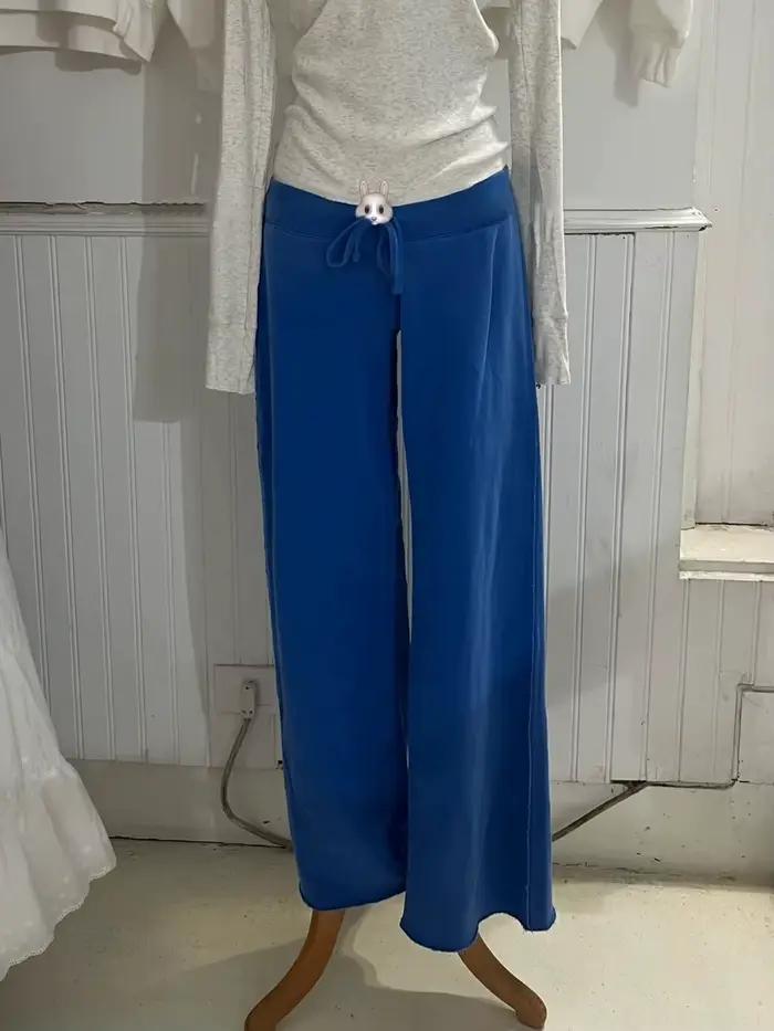 Pantalon de survêtement bleu royal femme vintage streetwear doux coton printemps automne jogging polyvalent occassions sportives