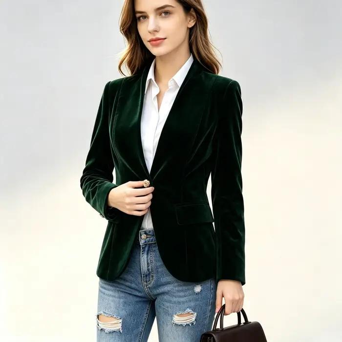 Blazer élégant en velours vert foncé pour femme, col montant, boutons dorés, coupe ajustée, style décontracté, vintage, veste de costume courte pour le bureau