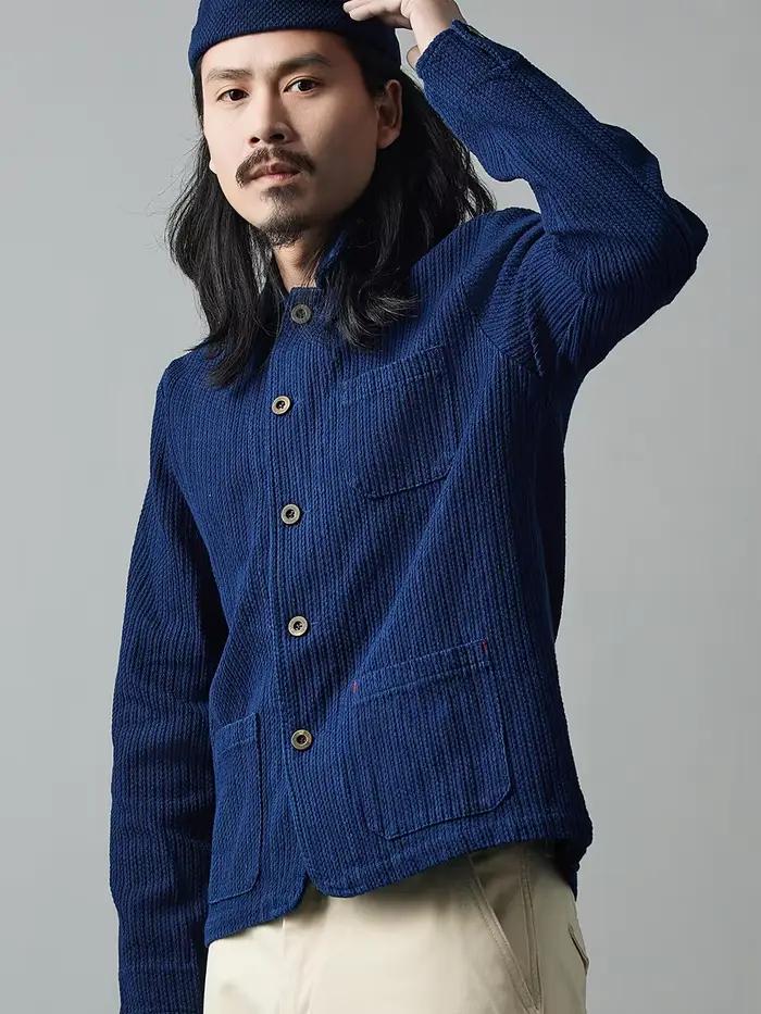 Indigo fait à la main plante bleu teint veste décontracté polyvalent français travail veste Sashiko à manches longues veste