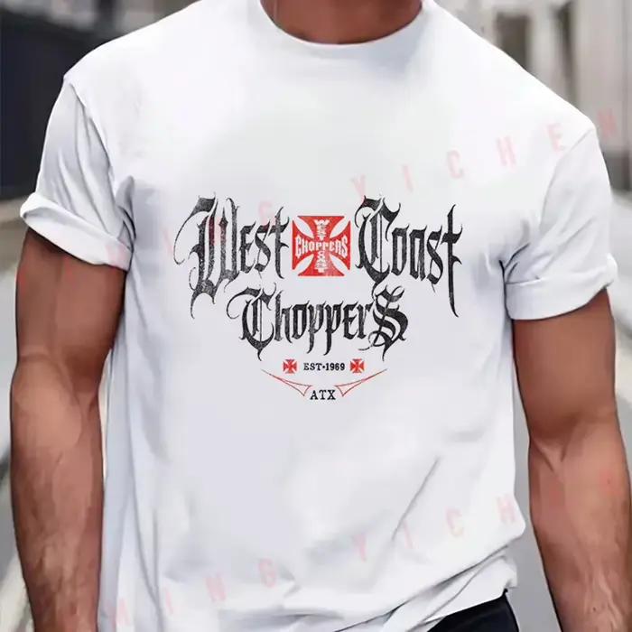 T-shirt West Coast Choppers Script pour hommes, 100% coton, design hip-hop, manches courtes, col rond, respirant et rapide à sécher, pour activités physiques et tenues décontractées tout au long de l'année