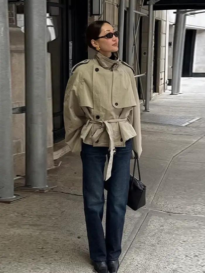 Trench court kaki pour femmes