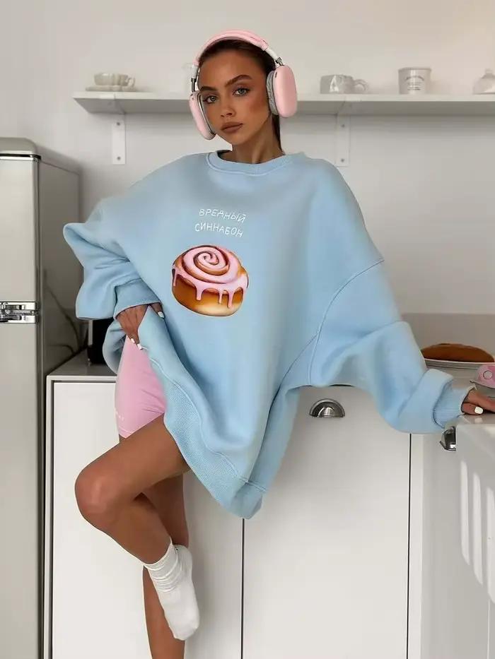 Bleu dessin animé pâtisseries lettre russe imprimer hip hop O cou surdimensionné sweat femmes mince printemps 2025 sweats à capuche américain haut décontracté