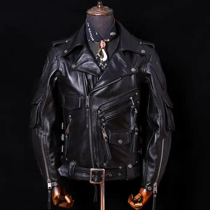 Veste en cuir de moto marron rouge pour hommes