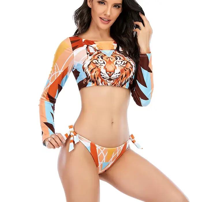 Maillot de bain deux pièces imprimé tigre pour femme, bikini push-up, manches longues, surf, été, nouveau, 2023