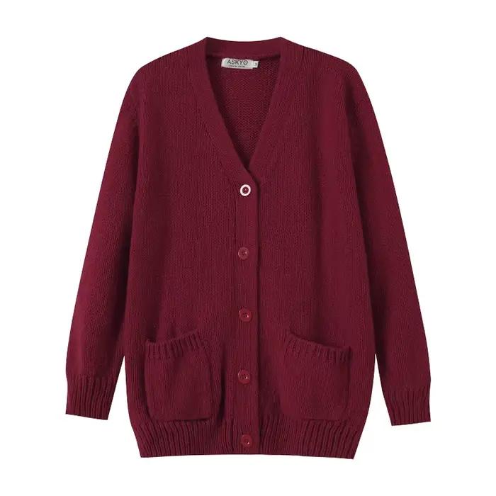 Pull automne et hiver élégant bordeaux col en v à manches longues poche simple boutonnage laine tricoté pull femmes