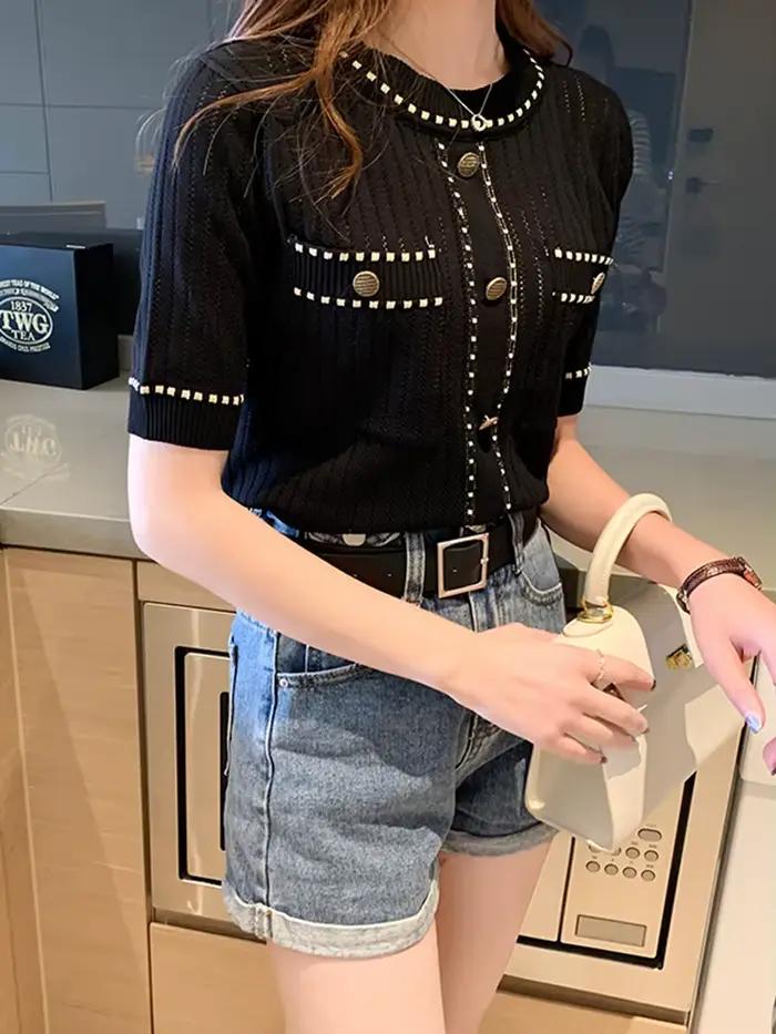 Zjaiss t-shirt blanc femmes été 2026 haut à manches courtes dames poches t-shirts de base tricoté vêtements décontractés